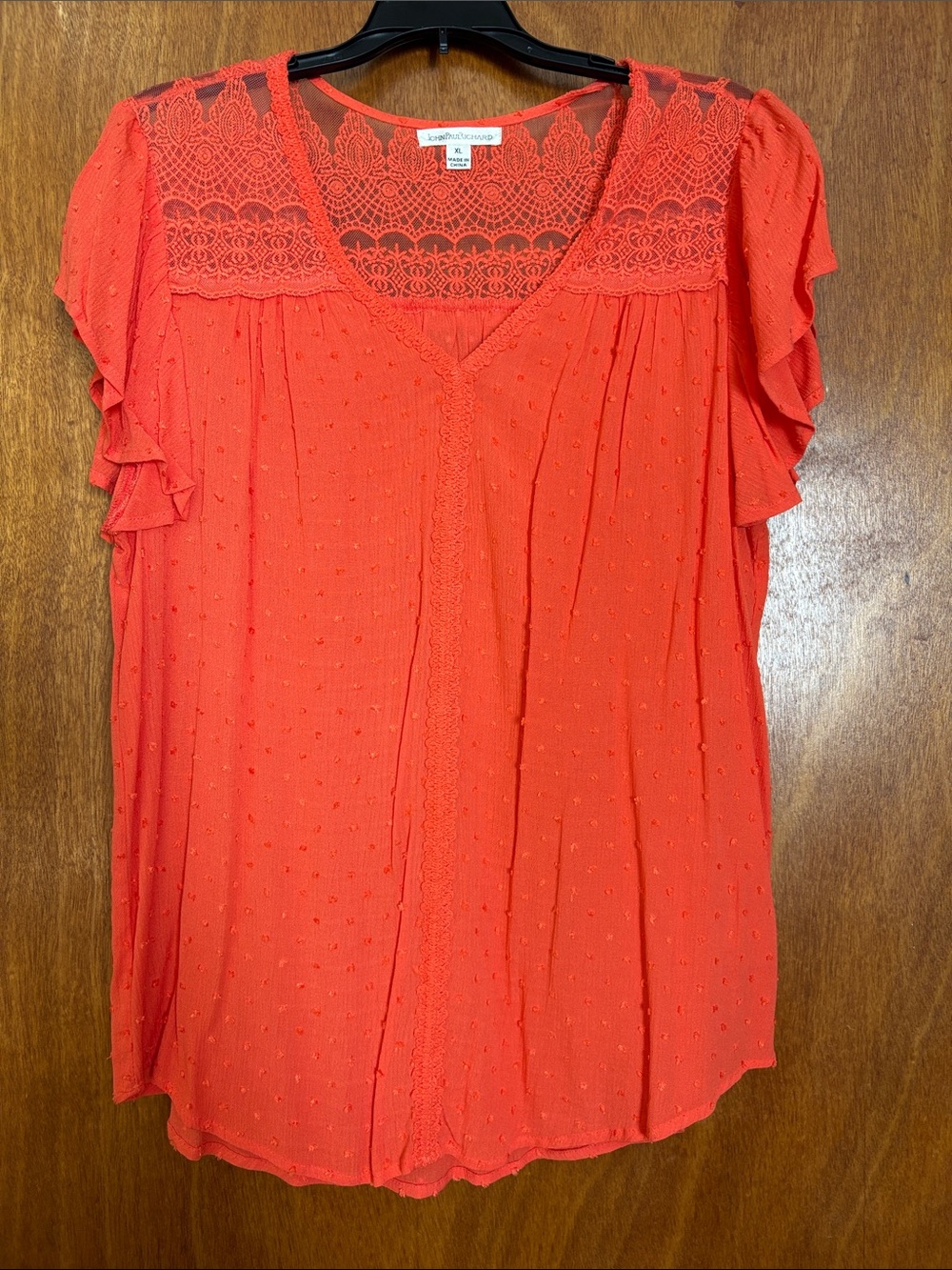 JohnPaulRichard Coral Lace Yoke Ruffle Sleeve Blouse XL